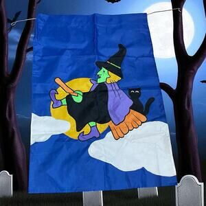 Vintage Halloween Garden Flag Witch Black Cat Broom 1994 Yard Decor 28" x 40"